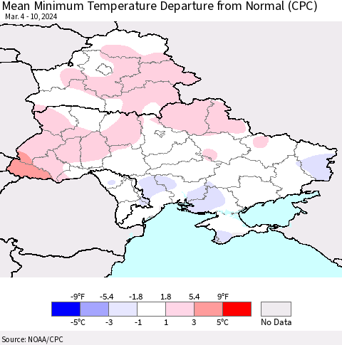 Ukraine, Moldova and Belarus Mean Minimum Temperature Departure from Normal (CPC) Thematic Map For 3/4/2024 - 3/10/2024