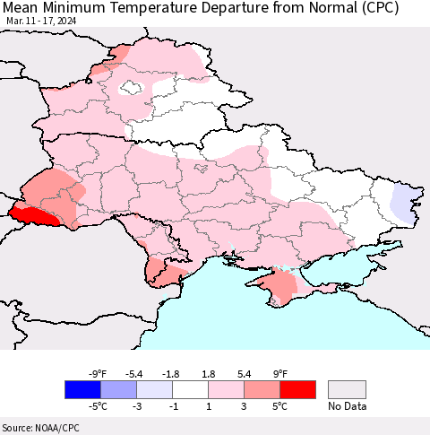 Ukraine, Moldova and Belarus Mean Minimum Temperature Departure from Normal (CPC) Thematic Map For 3/11/2024 - 3/17/2024