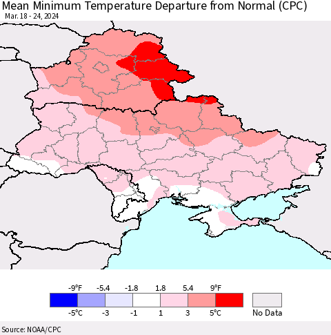 Ukraine, Moldova and Belarus Mean Minimum Temperature Departure from Normal (CPC) Thematic Map For 3/18/2024 - 3/24/2024