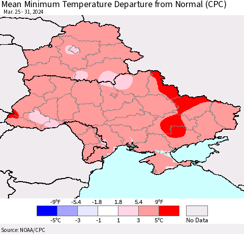 Ukraine, Moldova and Belarus Mean Minimum Temperature Departure from Normal (CPC) Thematic Map For 3/25/2024 - 3/31/2024