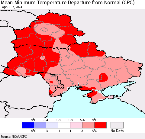Ukraine, Moldova and Belarus Mean Minimum Temperature Departure from Normal (CPC) Thematic Map For 4/1/2024 - 4/7/2024
