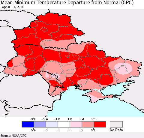 Ukraine, Moldova and Belarus Mean Minimum Temperature Departure from Normal (CPC) Thematic Map For 4/8/2024 - 4/14/2024