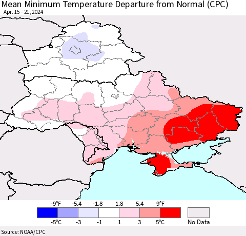 Ukraine, Moldova and Belarus Mean Minimum Temperature Departure from Normal (CPC) Thematic Map For 4/15/2024 - 4/21/2024