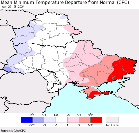 Ukraine, Moldova and Belarus Mean Minimum Temperature Departure from Normal (CPC) Thematic Map For 4/22/2024 - 4/28/2024