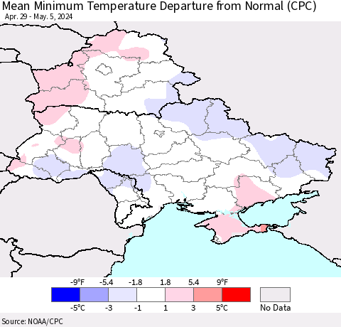 Ukraine, Moldova and Belarus Mean Minimum Temperature Departure from Normal (CPC) Thematic Map For 4/29/2024 - 5/5/2024