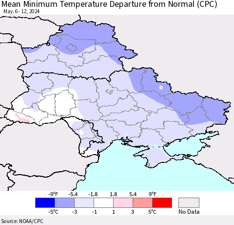 Ukraine, Moldova and Belarus Mean Minimum Temperature Departure from Normal (CPC) Thematic Map For 5/6/2024 - 5/12/2024