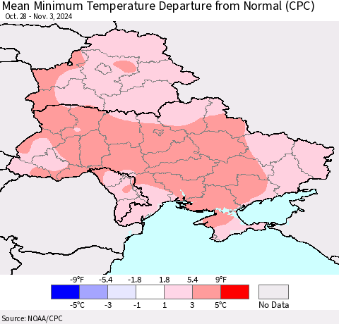 Ukraine, Moldova and Belarus Mean Minimum Temperature Departure from Normal (CPC) Thematic Map For 10/28/2024 - 11/3/2024