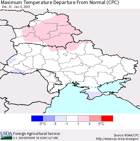 Ukraine, Moldova and Belarus Maximum Temperature Departure From Normal (CPC) Thematic Map For 12/31/2018 - 1/6/2019