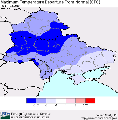 Ukraine, Moldova and Belarus Maximum Temperature Departure From Normal (CPC) Thematic Map For 1/7/2019 - 1/13/2019