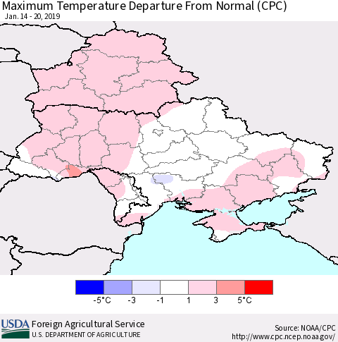 Ukraine, Moldova and Belarus Maximum Temperature Departure From Normal (CPC) Thematic Map For 1/14/2019 - 1/20/2019