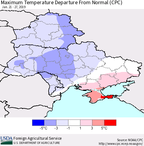 Ukraine, Moldova and Belarus Maximum Temperature Departure From Normal (CPC) Thematic Map For 1/21/2019 - 1/27/2019