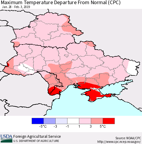 Ukraine, Moldova and Belarus Mean Maximum Temperature Departure from Normal (CPC) Thematic Map For 1/28/2019 - 2/3/2019