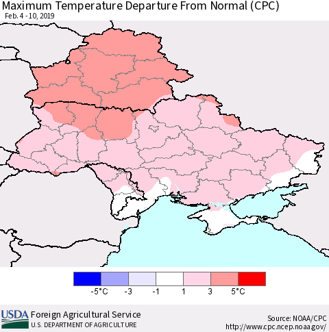 Ukraine, Moldova and Belarus Maximum Temperature Departure From Normal (CPC) Thematic Map For 2/4/2019 - 2/10/2019