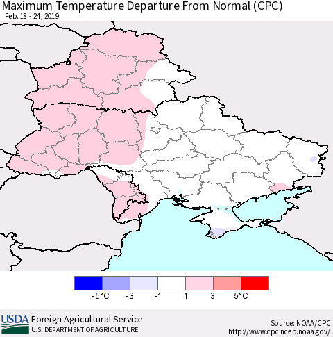 Ukraine, Moldova and Belarus Maximum Temperature Departure From Normal (CPC) Thematic Map For 2/18/2019 - 2/24/2019