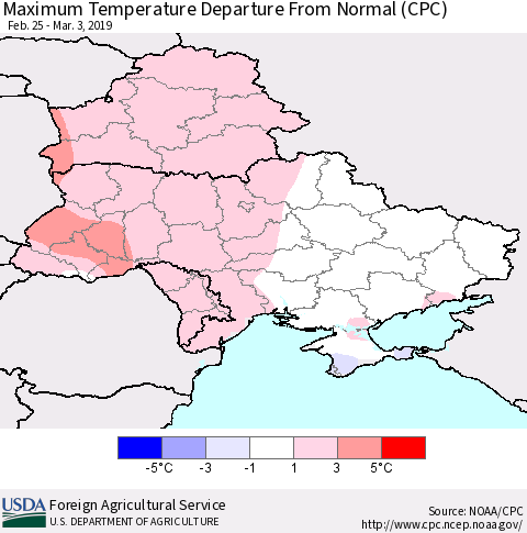 Ukraine, Moldova and Belarus Mean Maximum Temperature Departure from Normal (CPC) Thematic Map For 2/25/2019 - 3/3/2019