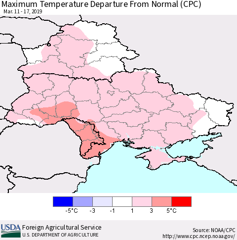 Ukraine, Moldova and Belarus Mean Maximum Temperature Departure from Normal (CPC) Thematic Map For 3/11/2019 - 3/17/2019
