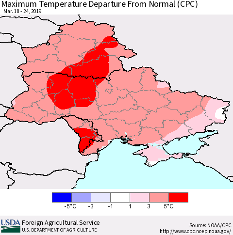 Ukraine, Moldova and Belarus Mean Maximum Temperature Departure from Normal (CPC) Thematic Map For 3/18/2019 - 3/24/2019