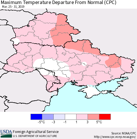 Ukraine, Moldova and Belarus Maximum Temperature Departure From Normal (CPC) Thematic Map For 3/25/2019 - 3/31/2019