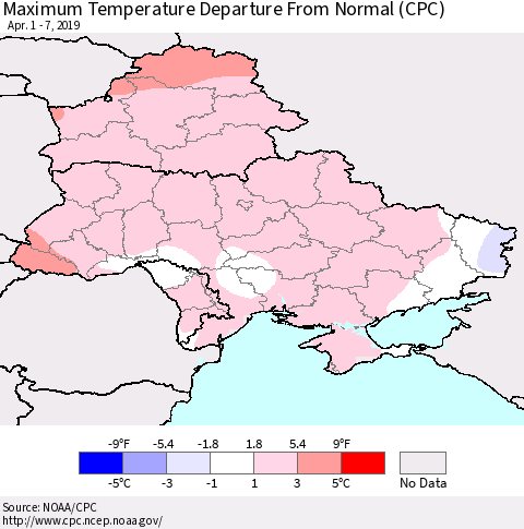 Ukraine, Moldova and Belarus Maximum Temperature Departure From Normal (CPC) Thematic Map For 4/1/2019 - 4/7/2019