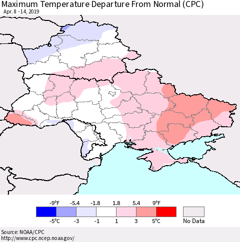 Ukraine, Moldova and Belarus Maximum Temperature Departure From Normal (CPC) Thematic Map For 4/8/2019 - 4/14/2019