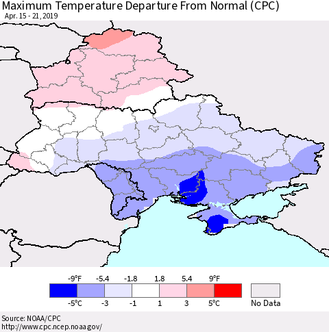 Ukraine, Moldova and Belarus Maximum Temperature Departure From Normal (CPC) Thematic Map For 4/15/2019 - 4/21/2019