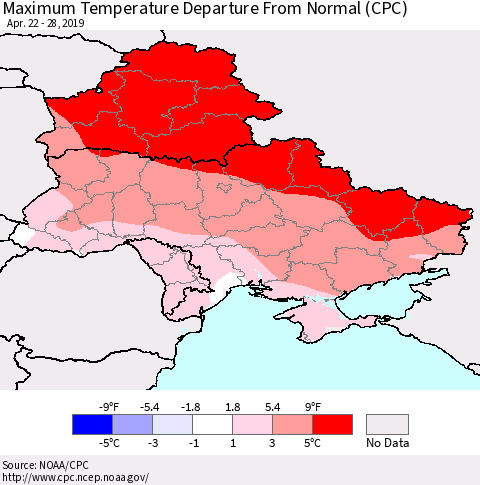 Ukraine, Moldova and Belarus Maximum Temperature Departure From Normal (CPC) Thematic Map For 4/22/2019 - 4/28/2019