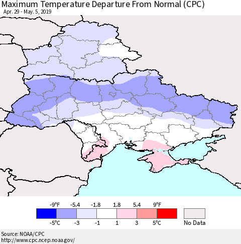 Ukraine, Moldova and Belarus Mean Maximum Temperature Departure from Normal (CPC) Thematic Map For 4/29/2019 - 5/5/2019