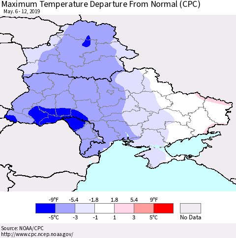 Ukraine, Moldova and Belarus Mean Maximum Temperature Departure from Normal (CPC) Thematic Map For 5/6/2019 - 5/12/2019