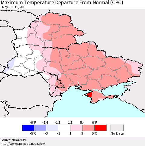 Ukraine, Moldova and Belarus Mean Maximum Temperature Departure from Normal (CPC) Thematic Map For 5/13/2019 - 5/19/2019