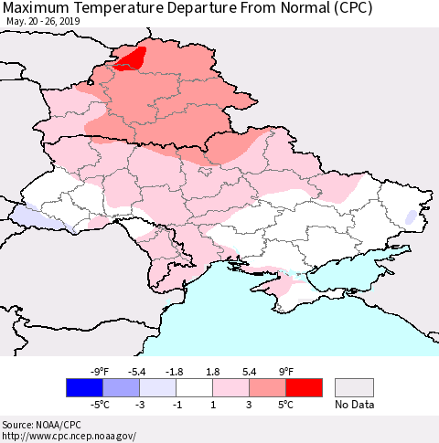 Ukraine, Moldova and Belarus Maximum Temperature Departure From Normal (CPC) Thematic Map For 5/20/2019 - 5/26/2019