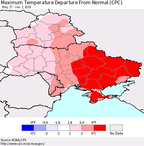 Ukraine, Moldova and Belarus Mean Maximum Temperature Departure from Normal (CPC) Thematic Map For 5/27/2019 - 6/2/2019