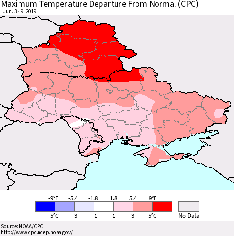 Ukraine, Moldova and Belarus Mean Maximum Temperature Departure from Normal (CPC) Thematic Map For 6/3/2019 - 6/9/2019
