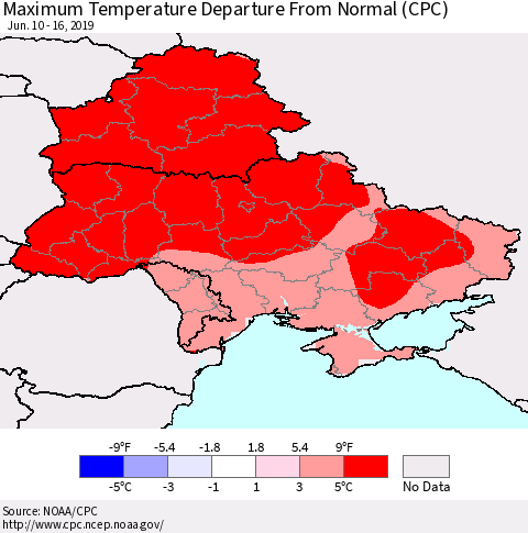 Ukraine, Moldova and Belarus Maximum Temperature Departure From Normal (CPC) Thematic Map For 6/10/2019 - 6/16/2019