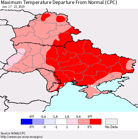 Ukraine, Moldova and Belarus Maximum Temperature Departure From Normal (CPC) Thematic Map For 6/17/2019 - 6/23/2019