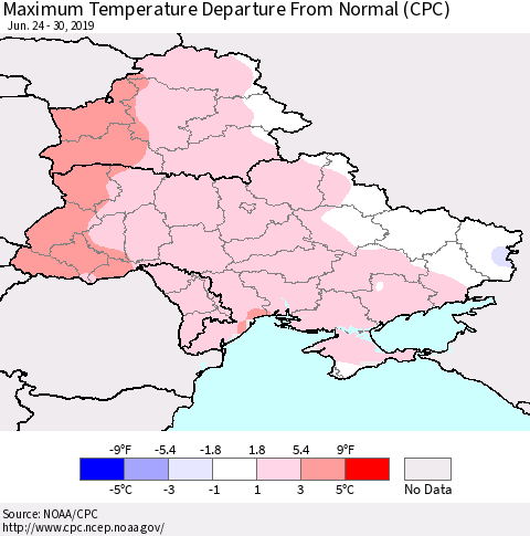 Ukraine, Moldova and Belarus Maximum Temperature Departure From Normal (CPC) Thematic Map For 6/24/2019 - 6/30/2019