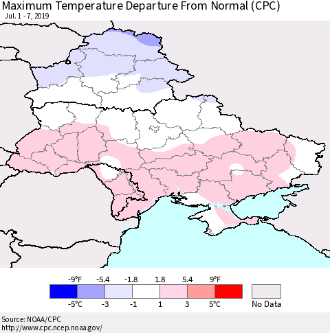Ukraine, Moldova and Belarus Maximum Temperature Departure From Normal (CPC) Thematic Map For 7/1/2019 - 7/7/2019