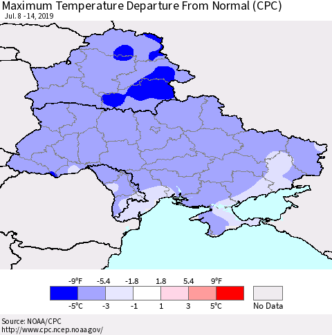 Ukraine, Moldova and Belarus Maximum Temperature Departure From Normal (CPC) Thematic Map For 7/8/2019 - 7/14/2019