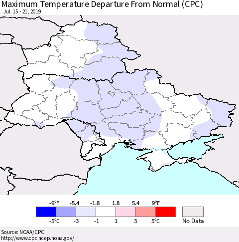 Ukraine, Moldova and Belarus Mean Maximum Temperature Departure from Normal (CPC) Thematic Map For 7/15/2019 - 7/21/2019