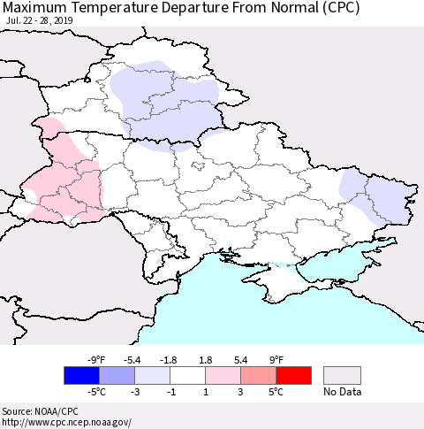 Ukraine, Moldova and Belarus Mean Maximum Temperature Departure from Normal (CPC) Thematic Map For 7/22/2019 - 7/28/2019