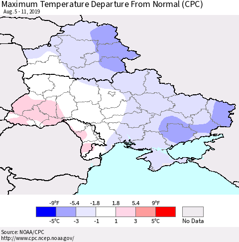 Ukraine, Moldova and Belarus Maximum Temperature Departure From Normal (CPC) Thematic Map For 8/5/2019 - 8/11/2019