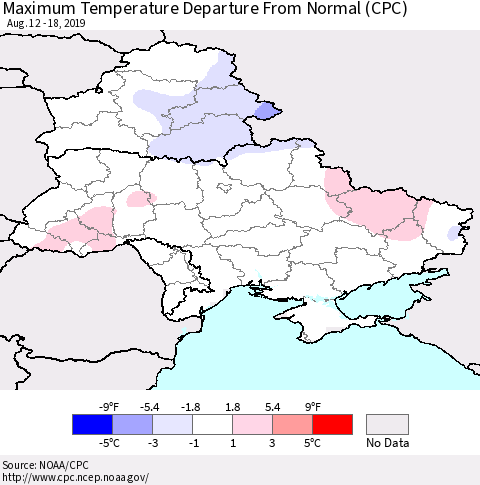 Ukraine, Moldova and Belarus Maximum Temperature Departure From Normal (CPC) Thematic Map For 8/12/2019 - 8/18/2019