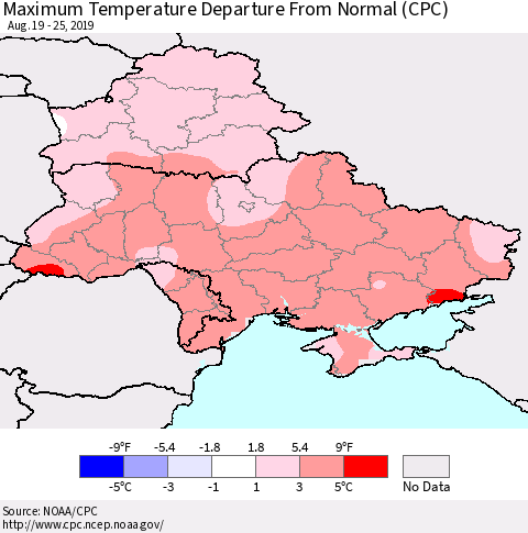 Ukraine, Moldova and Belarus Maximum Temperature Departure From Normal (CPC) Thematic Map For 8/19/2019 - 8/25/2019