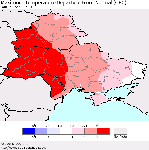 Ukraine, Moldova and Belarus Mean Maximum Temperature Departure from Normal (CPC) Thematic Map For 8/26/2019 - 9/1/2019