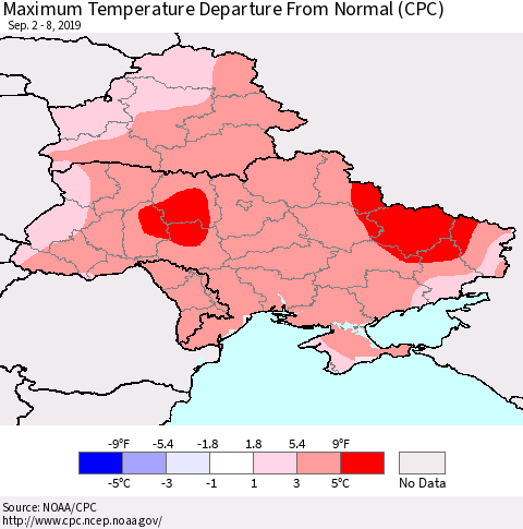 Ukraine, Moldova and Belarus Mean Maximum Temperature Departure from Normal (CPC) Thematic Map For 9/2/2019 - 9/8/2019
