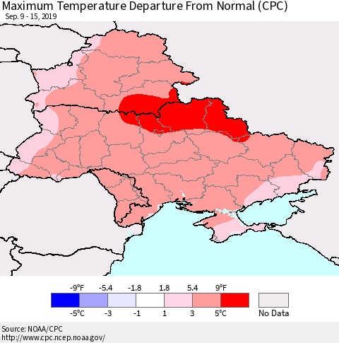 Ukraine, Moldova and Belarus Mean Maximum Temperature Departure from Normal (CPC) Thematic Map For 9/9/2019 - 9/15/2019