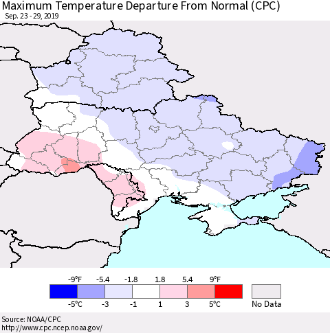 Ukraine, Moldova and Belarus Mean Maximum Temperature Departure from Normal (CPC) Thematic Map For 9/23/2019 - 9/29/2019