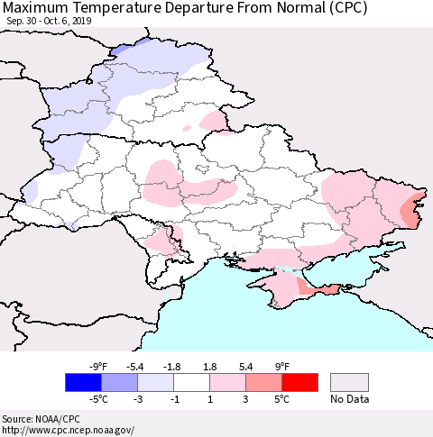 Ukraine, Moldova and Belarus Mean Maximum Temperature Departure from Normal (CPC) Thematic Map For 9/30/2019 - 10/6/2019