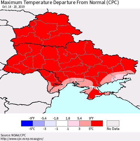 Ukraine, Moldova and Belarus Maximum Temperature Departure From Normal (CPC) Thematic Map For 10/14/2019 - 10/20/2019