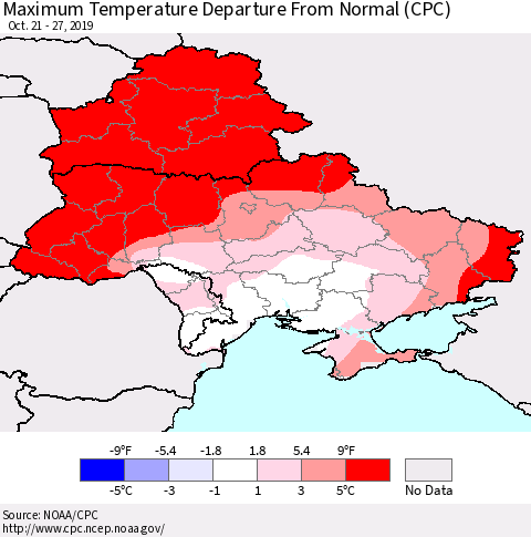 Ukraine, Moldova and Belarus Mean Maximum Temperature Departure from Normal (CPC) Thematic Map For 10/21/2019 - 10/27/2019