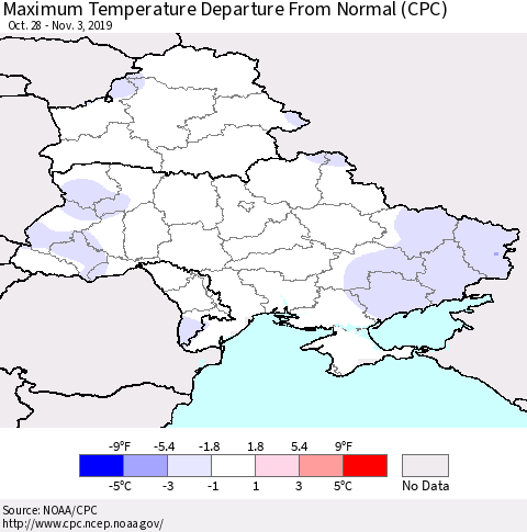 Ukraine, Moldova and Belarus Maximum Temperature Departure From Normal (CPC) Thematic Map For 10/28/2019 - 11/3/2019